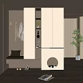 Modern Entryway Hallway Interior Design With Storage Cabinets Bench Round Cutout And Green Plant