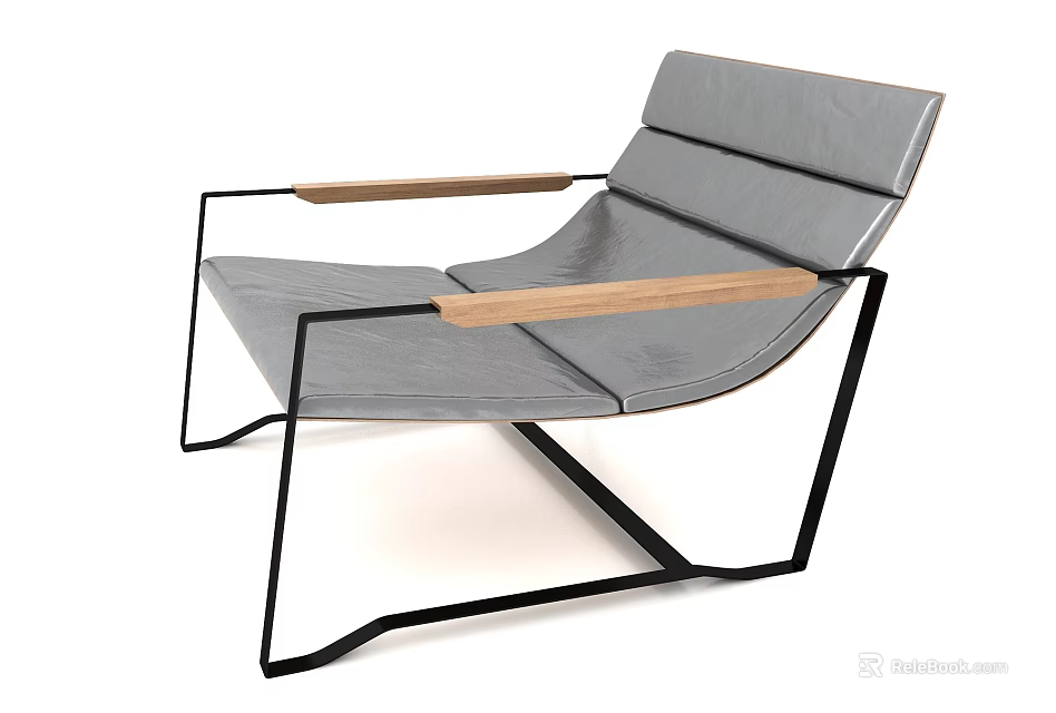 Modern Single Sofa With Gray Upholstery Wooden Armrests And Black Metal Frame 3d model 