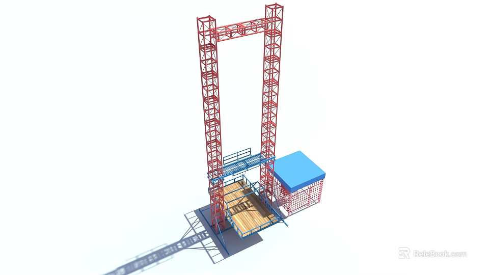 Building Component Vertical Construction Hoist With Red Frame Blue Cabin And Wooden Platform 3d model