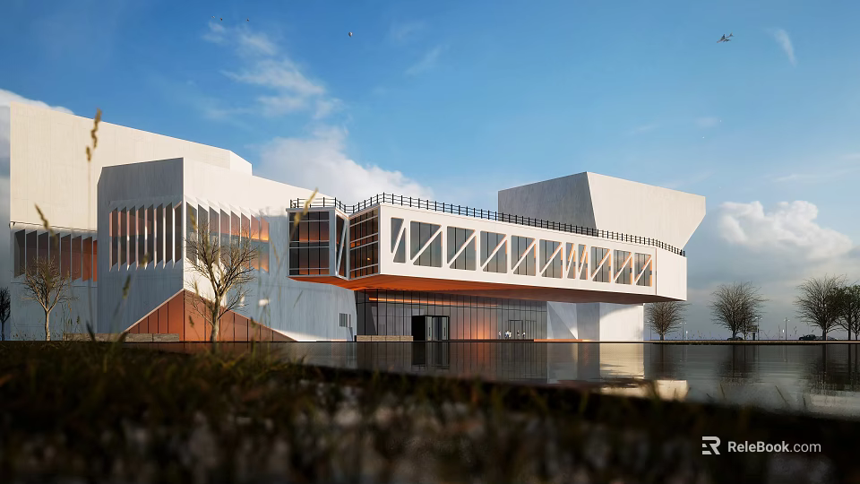 Modern School Building With White Exterior Large Windows And Water Reflection Under Blue Sky 3d model 