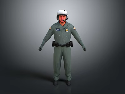 Man In Green Uniform With White Helmet Police Badge And Utility Belt Standing 3d model