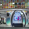 Kids World Exhibition Space With Colorful Curved Ceiling Black White Checkered Walls And Display Shelves