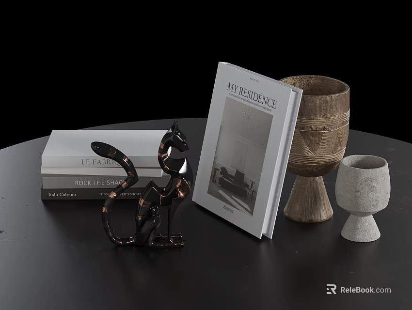 Modern Decorative Ornament Set for Home Decor with Cat Figurine Books Vases on Black Table 3d model 