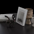 Modern Decorative Ornament Set for Home Decor with Cat Figurine Books Vases on Black Table