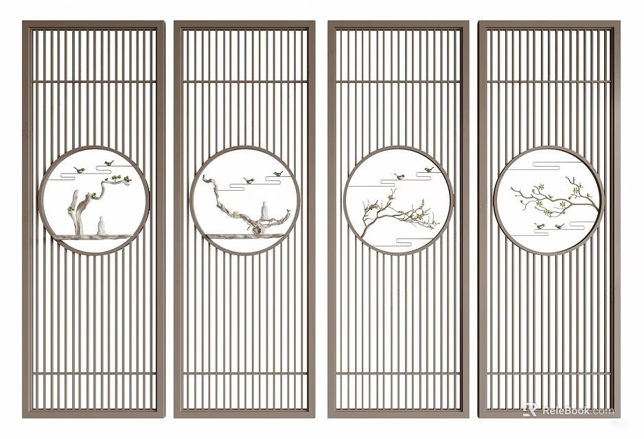 Traditional Chinese Screen With Vertical Slats Circular Decorations Tree Branches And Birds 3d model