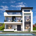 Modern Detached Villa With White Exterior Black Roof Large Windows Swimming Pool And Green Lawn