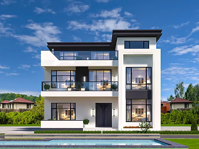 Modern Detached Villa With White Exterior Black Roof Large Windows Swimming Pool And Green Lawn 3d model