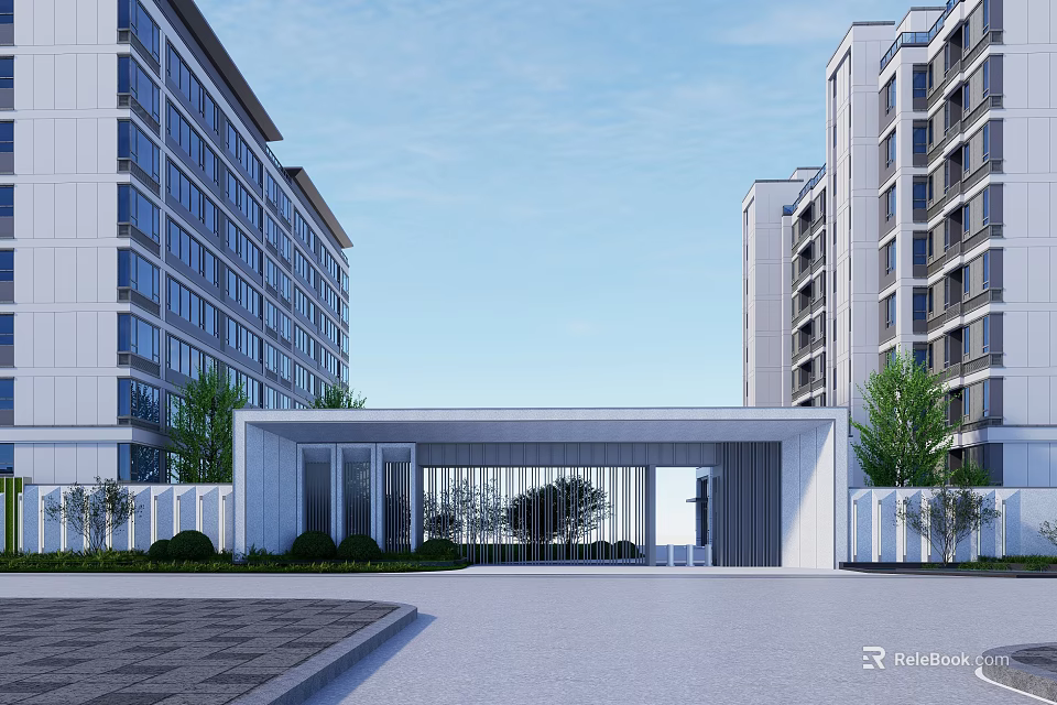 Modern White Entrance Gate With Glass Elements Between High Rise Buildings And Green Plants 3d model 