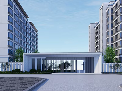 Modern White Entrance Gate With Glass Elements Between High Rise Buildings And Green Plants 3d model