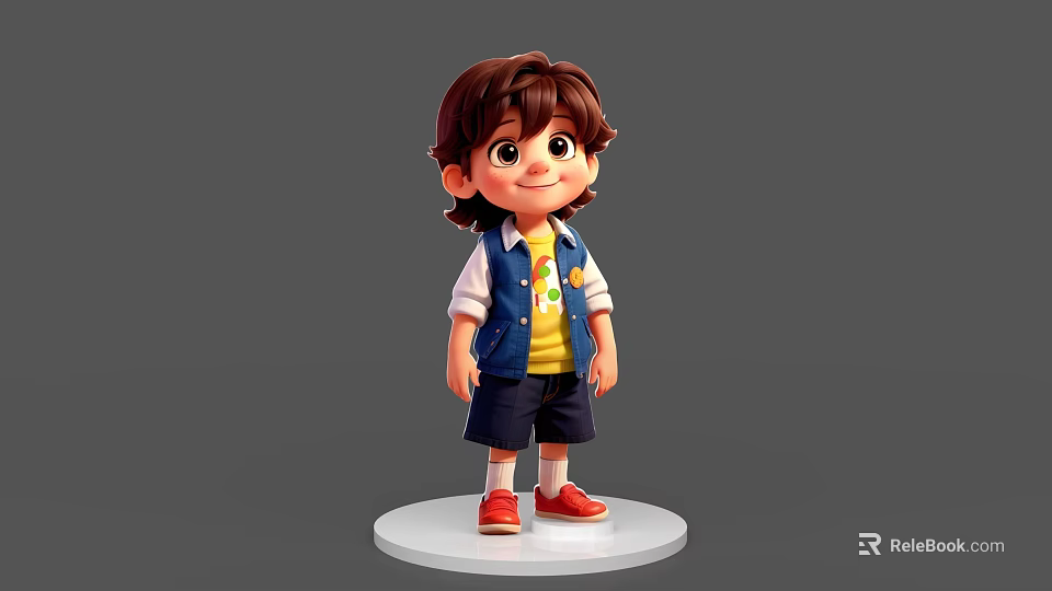 Game Movie Animated Boy 3D Character With Brown Hair Blue Vest Yellow T-shirt Red Shoes 3d model 