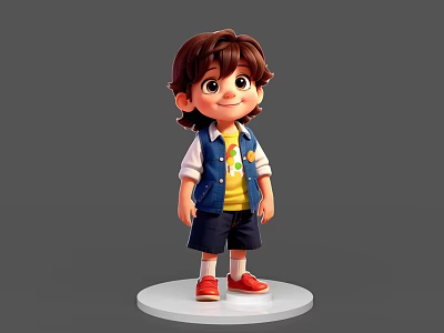 Game Movie Animated Boy 3D Character With Brown Hair Blue Vest Yellow T-shirt Red Shoes 3d model