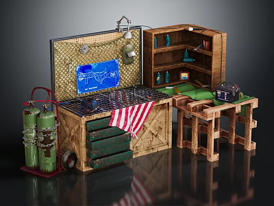 Rustic Workbench Furniture With Shelves Blueprints Gas Cylinders American Flag Cloth And Lamp 3d model