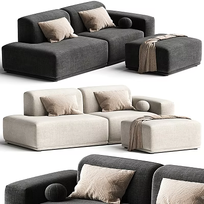 Modern Two Seater Sofa with Beige Pillows Gray Ottoman and Throw Blanket 3d model