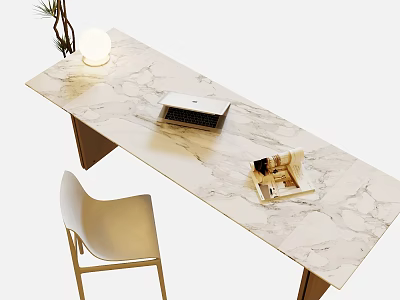 Stylish Marble Desk With Chair Lamp Laptop And Open Magazine 3d model