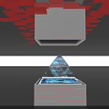 White Display Cabinet With Blue Pyramid Holographic Projection Red Square Ceiling And Red Line Decorations