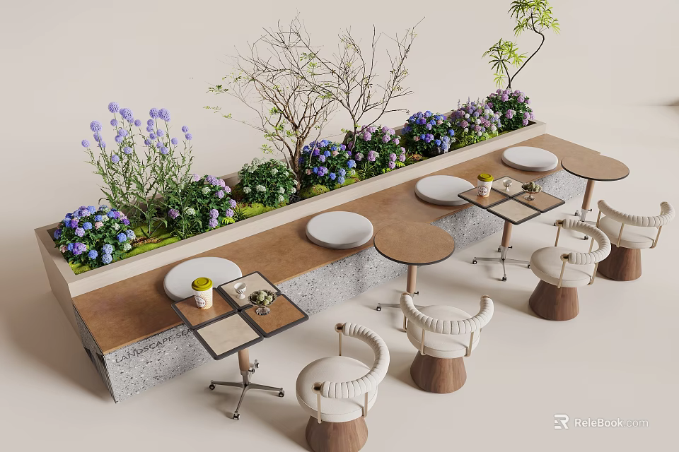 Stylish Booth Sofa with Colorful Plants Small Round Tables and White Chairs 3d model 