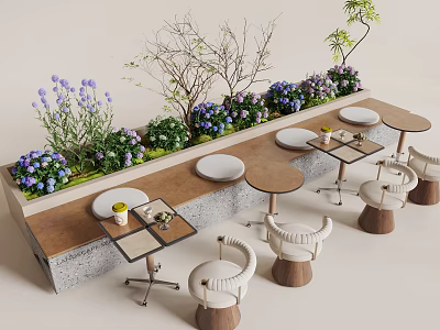 Stylish Booth Sofa with Colorful Plants Small Round Tables and White Chairs 3d model