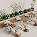 Stylish Booth Sofa with Colorful Plants Small Round Tables and White Chairs