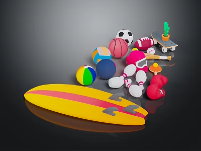 Colorful Sports Equipment Collection With Surfboard Soccer Ball Volleyball Skateboard And Dumbbells 3d model