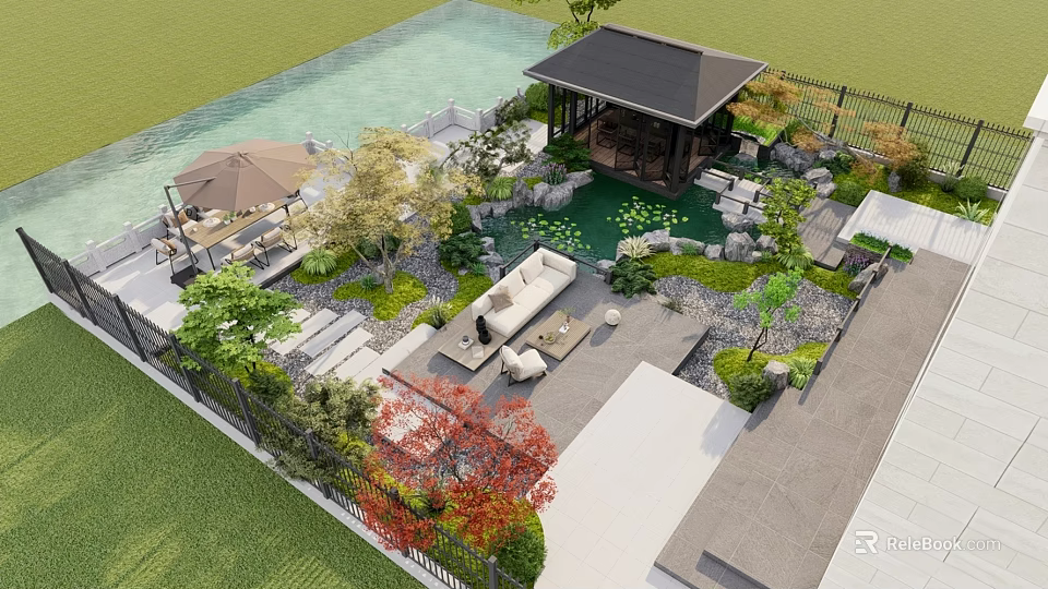 Courtyard Garden Featuring Pond Pavilion Outdoor Seating Stone Paths And Lush Green Plants 3d model 