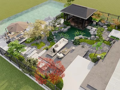 Courtyard Garden Featuring Pond Pavilion Outdoor Seating Stone Paths And Lush Green Plants 3d model