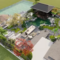 Courtyard Garden Featuring Pond Pavilion Outdoor Seating Stone Paths And Lush Green Plants