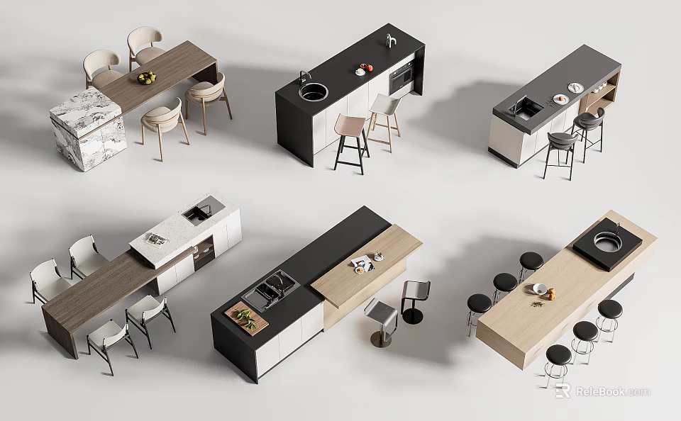 Modern Bar Counter Design With Mixed Material Tops And Comfortable Matching Bar Stools 3d model