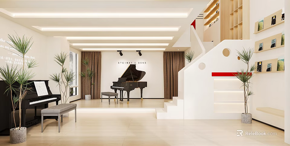 Modern 2Floor Studio Interior With Piano Staircase Plants And Warm Lighting 3d model 