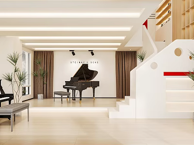 Modern 2Floor Studio Interior With Piano Staircase Plants And Warm Lighting 3d model