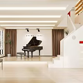Modern 2Floor Studio Interior With Piano Staircase Plants And Warm Lighting