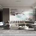 Modern Living Room Interior With Gray Sofa Accent Chair Abstract Painting Large Windows And Blinds