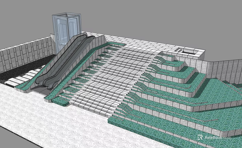Modern Stairs Design With Escalator Green Tiered Steps And Tiled Floor 3d model 