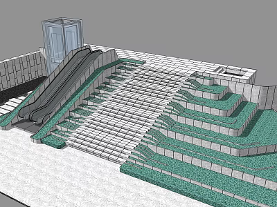 Modern Stairs Design With Escalator Green Tiered Steps And Tiled Floor 3d model