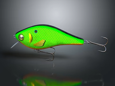 Green Mesh Texture Fishing Lure With Yellow Accents And Fish Hooks 3d model