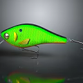 Green Mesh Texture Fishing Lure With Yellow Accents And Fish Hooks