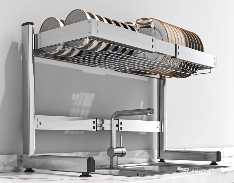 Stainless Steel Kitchen Sink With Over Sink Dish Rack And Faucet Holding Plates And Bowls 3d model 