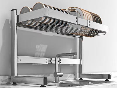 Stainless Steel Kitchen Sink With Over Sink Dish Rack And Faucet Holding Plates And Bowls 3d model