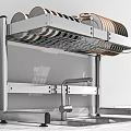 Stainless Steel Kitchen Sink With Over Sink Dish Rack And Faucet Holding Plates And Bowls