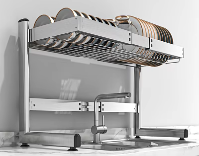 Stainless Steel Kitchen Sink With Over Sink Dish Rack And Faucet Holding Plates And Bowls 3d model