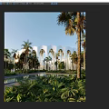 Tropical Landscape with White Arched Building Palm Trees Pool and Lush Greenery