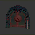 Mythical Style Arched Door With Green Ornate Carvings Red Panels And Circular Center