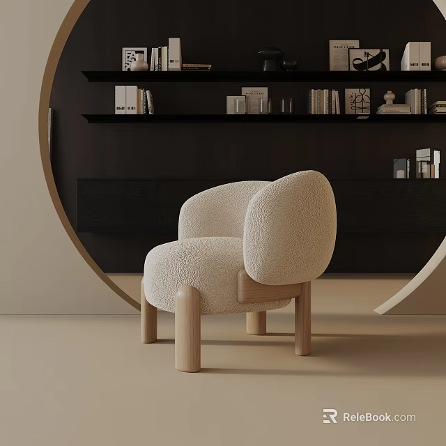 Modern Fluffy Leisure Chair with Curved Armrest and Wooden Legs in Beige Interior 3d model 