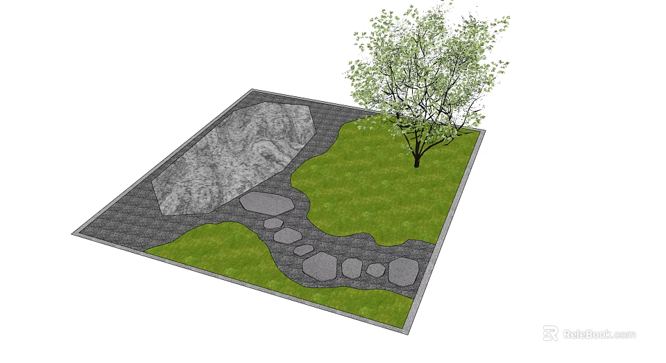 Karesansui Zen Garden Design With Stone Path Grass And Tree Elements 3d model 