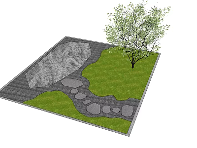 Karesansui Zen Garden Design With Stone Path Grass And Tree Elements 3d model
