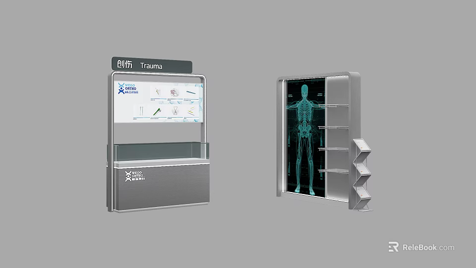 Modern Trauma Medical Exhibition Display Cabinets With Human Skeleton And Charts 3d model 