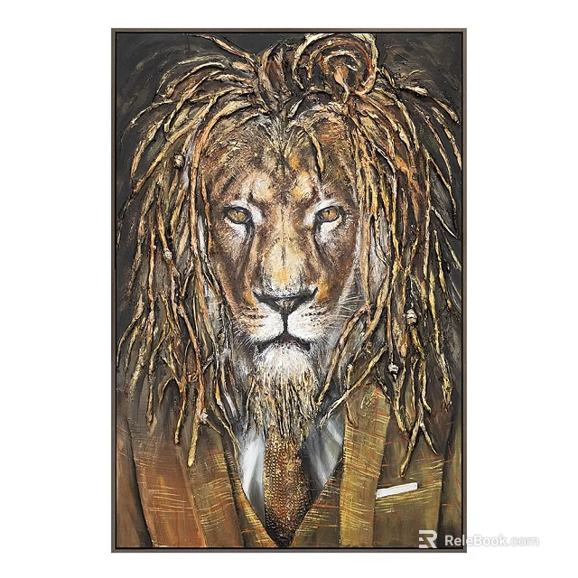 Lion Oil Painting With Intricate Mane In Suit Jacket And Tie 3d model 