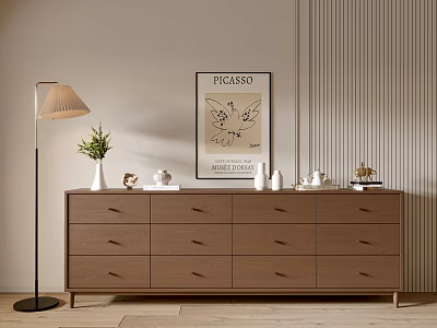 Modern Console Cabinet Sideboard with Floor Lamp Decorative Items and Picasso Poster on Light Colored Wall 3d model