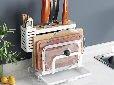 Practical Countertop Kitchen Utensil Organizer Rack With Knives Cutting Boards And Pot Lids 3d model