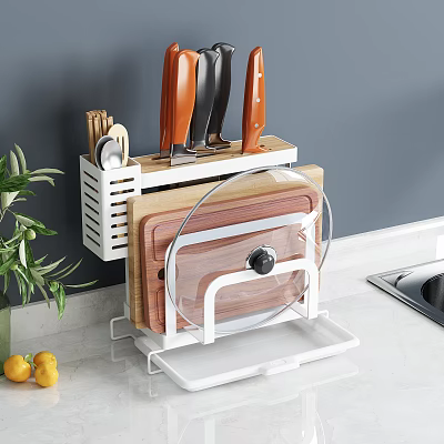 Practical Countertop Kitchen Utensil Organizer Rack With Knives Cutting Boards And Pot Lids 3d model