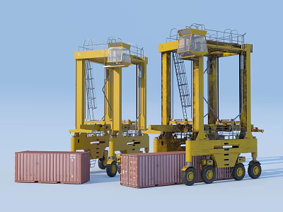 Yellow Industrial Container Cranes With Red Shipping Containers Operator Cabins And Ladders 3d model